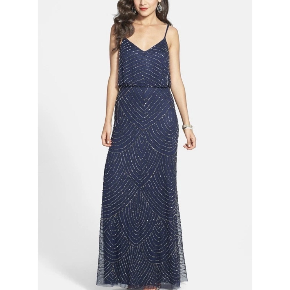 Adrianna Papell Dress Navy Blouson Beaded Sequin Chiffon Maxi Art‎ Deco Size 6